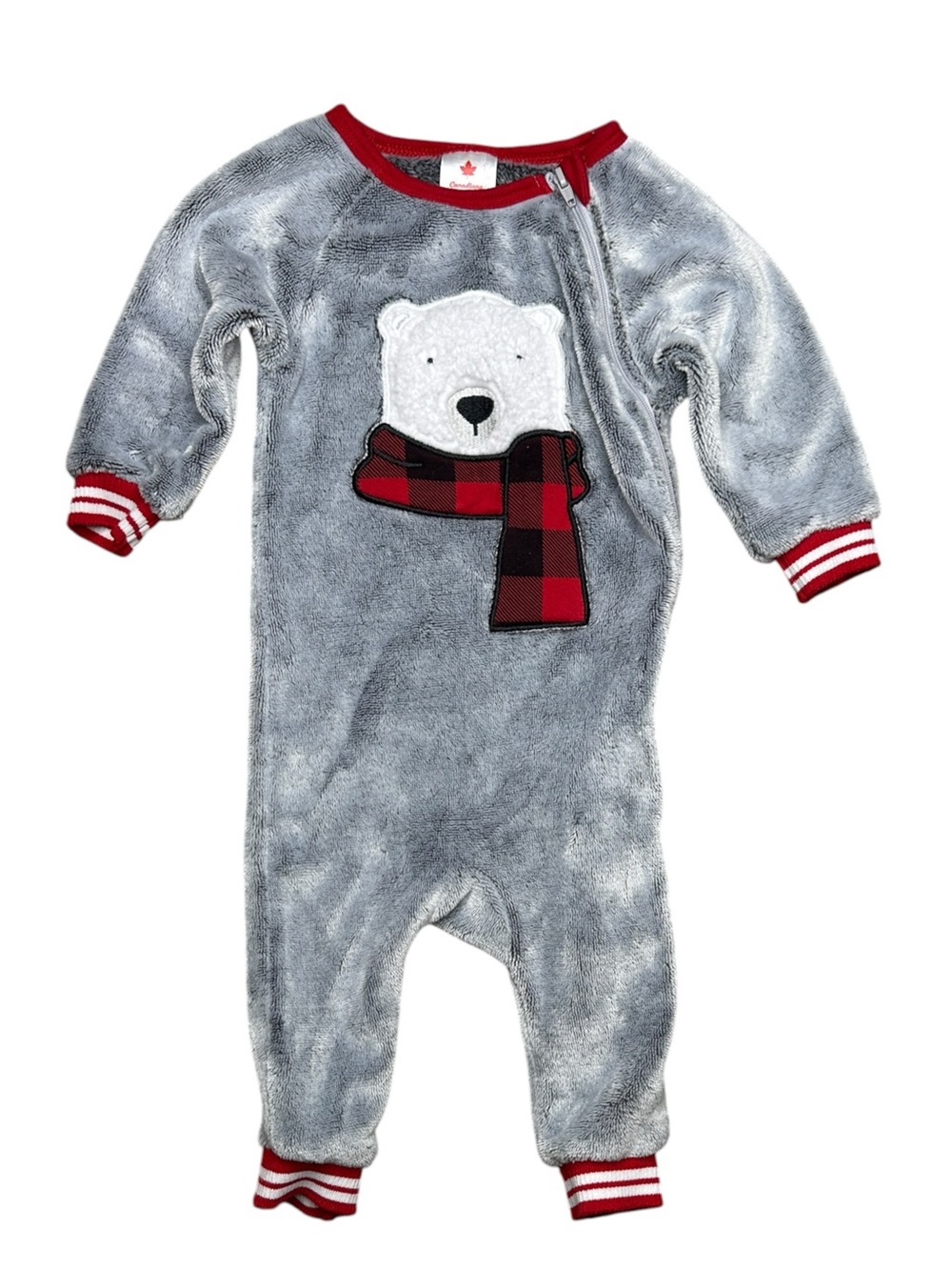 Canadiana Grey Polar Bear Footie with Red Trim - Kids One-Piece - 6-9M